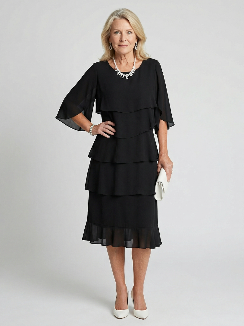 Vesperina | Damen Gestuftes Midi Kleid mit Rüschenärmeln - Black - Image 1