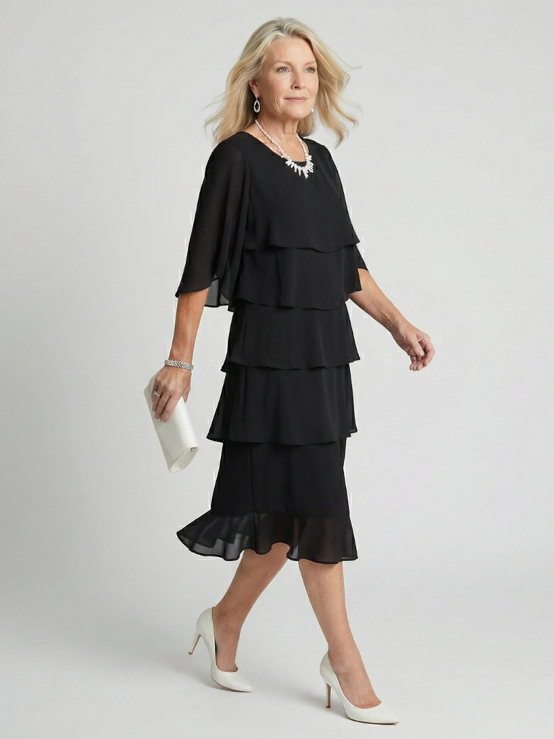 Vesperina | Damen Gestuftes Midi Kleid mit Rüschenärmeln - Black - Image 2