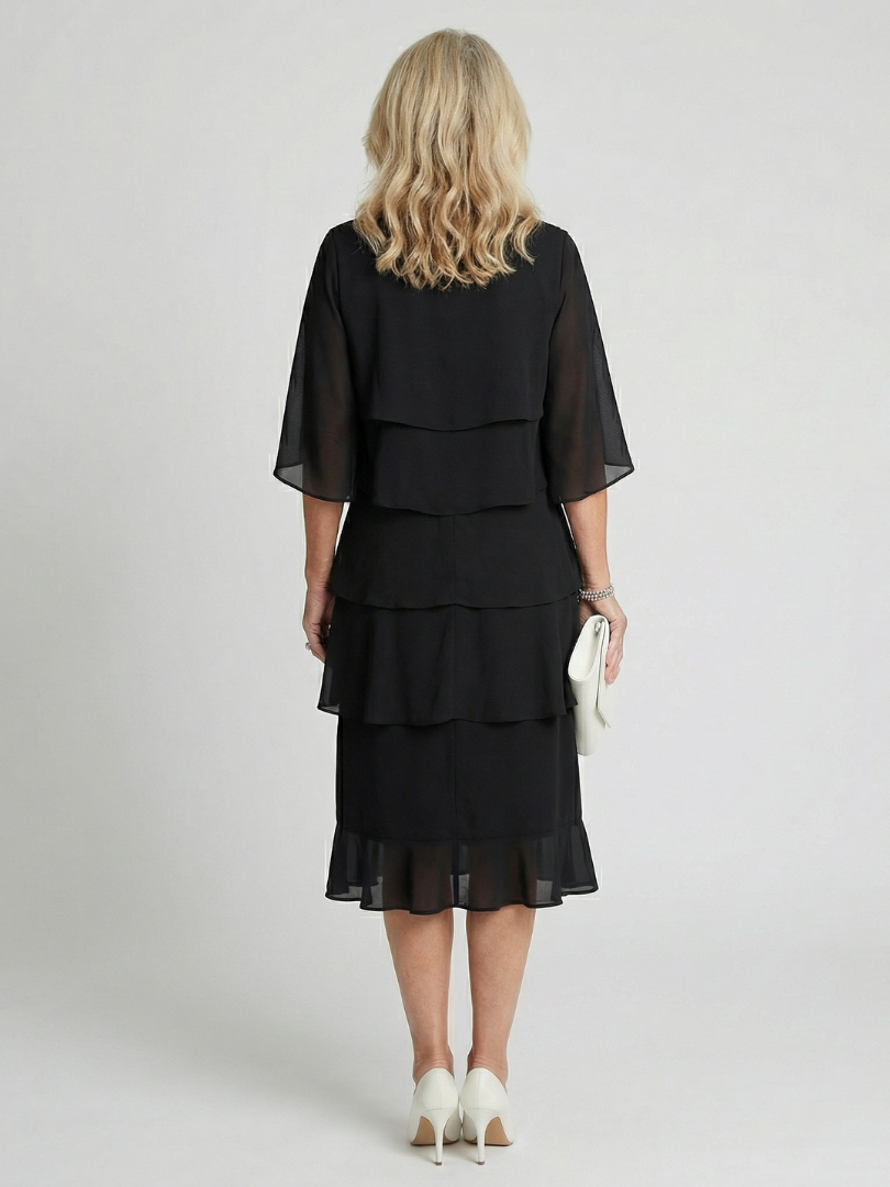 Vesperina | Damen Gestuftes Midi Kleid mit Rüschenärmeln - Black - Image 4