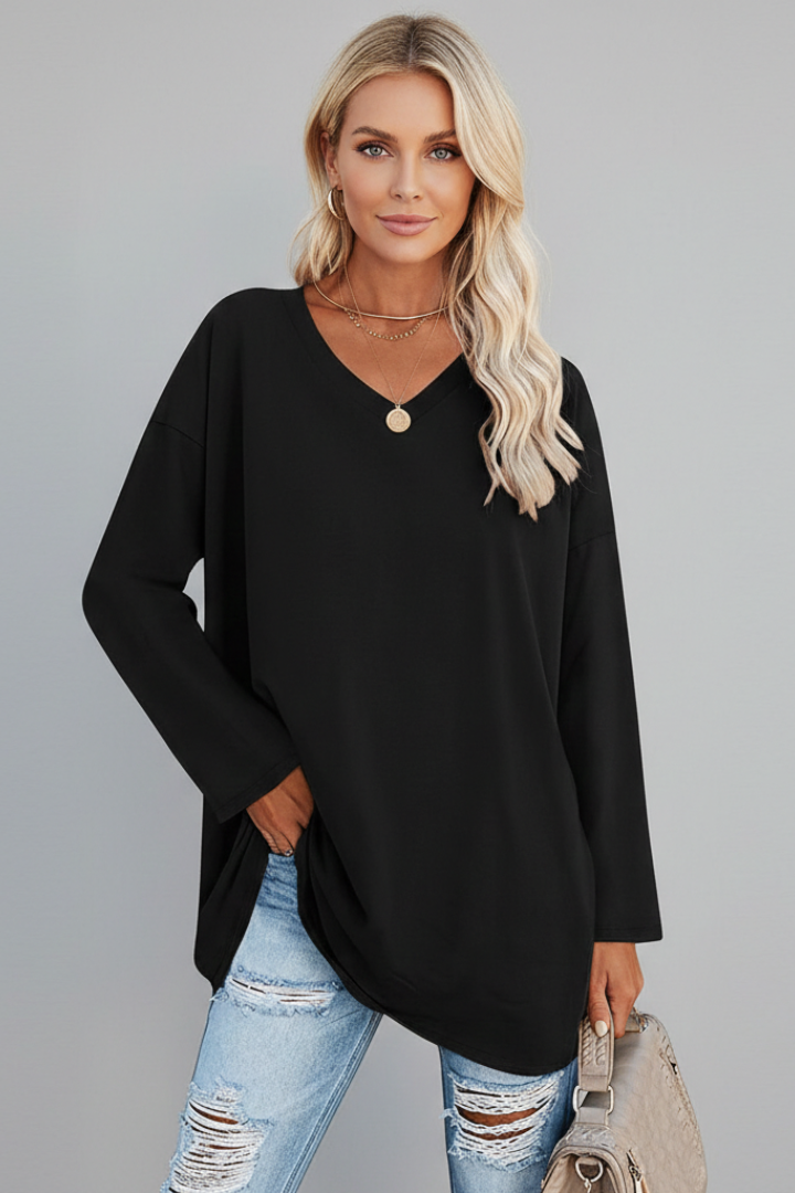 Vesperina | Damen V-Ausschnitt Langarmshirt - Black - Image 2