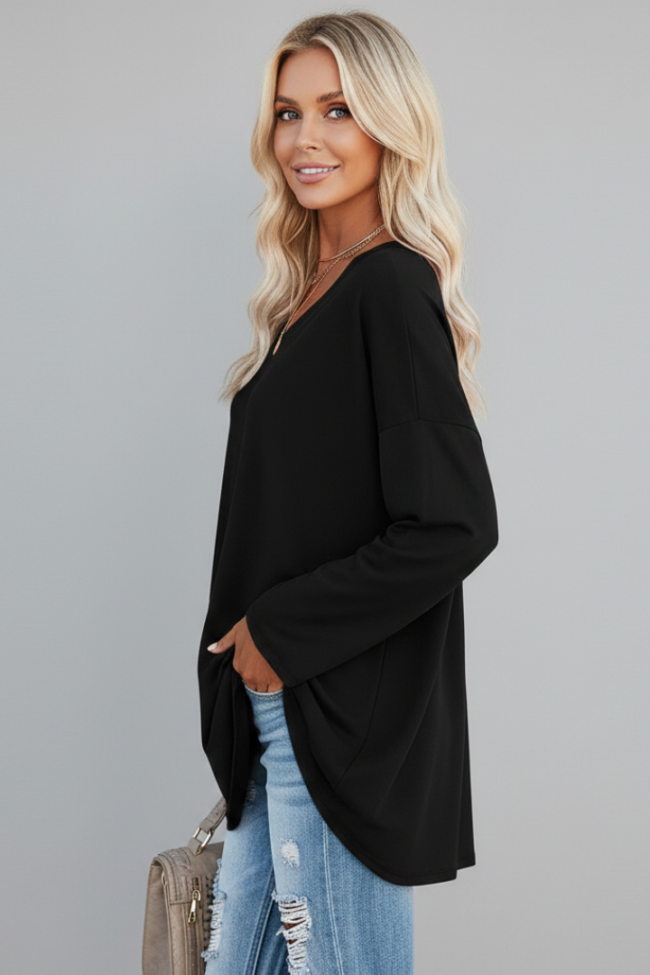 Vesperina | Damen V-Ausschnitt Langarmshirt - Black - Image 3