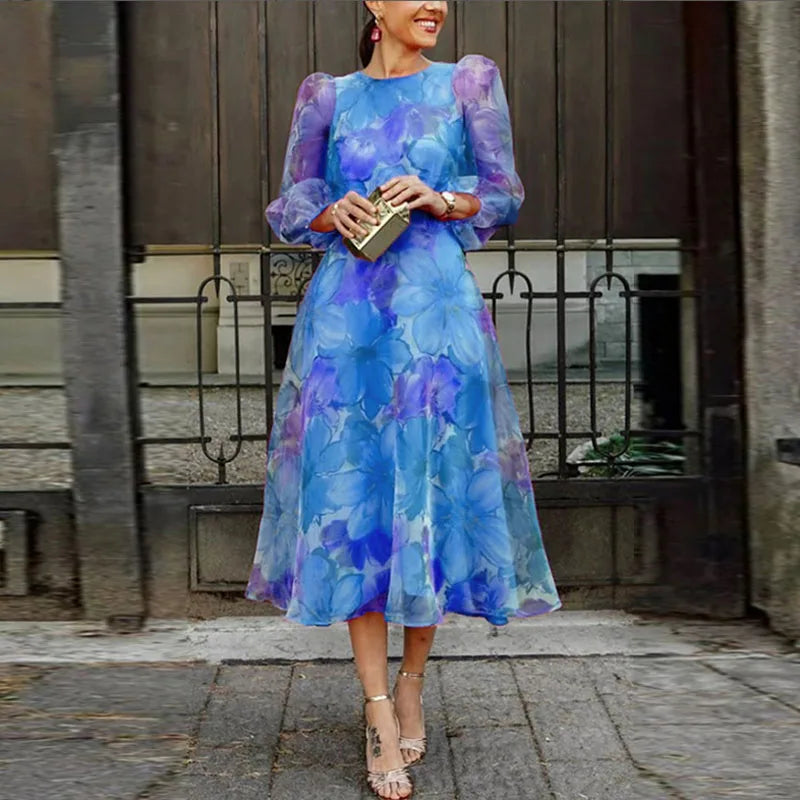 Viviana | Damen Midi Blumenkleid mit Ballonärmeln - Pink - Image 2