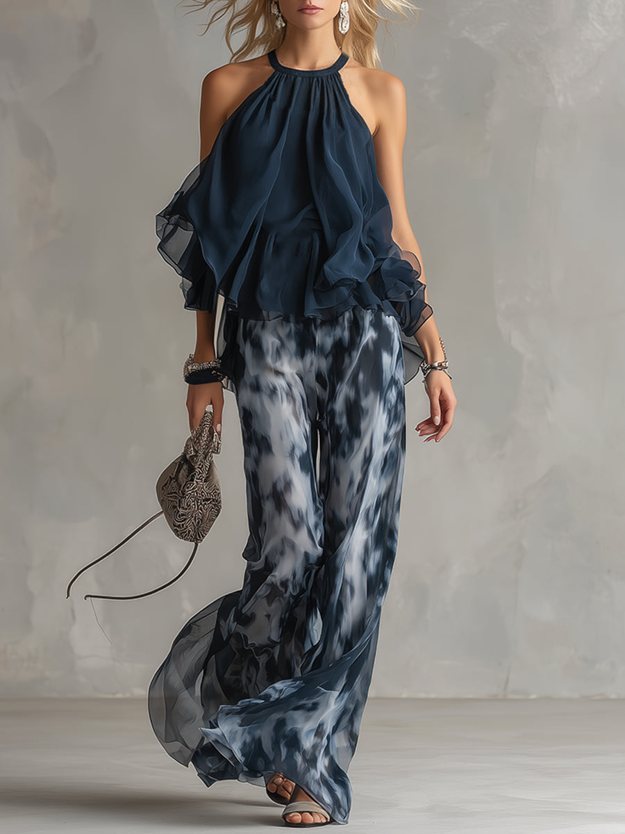 Viviana | Damen Neckholder Top mit Weiter Hose Set - Navy - Image 1