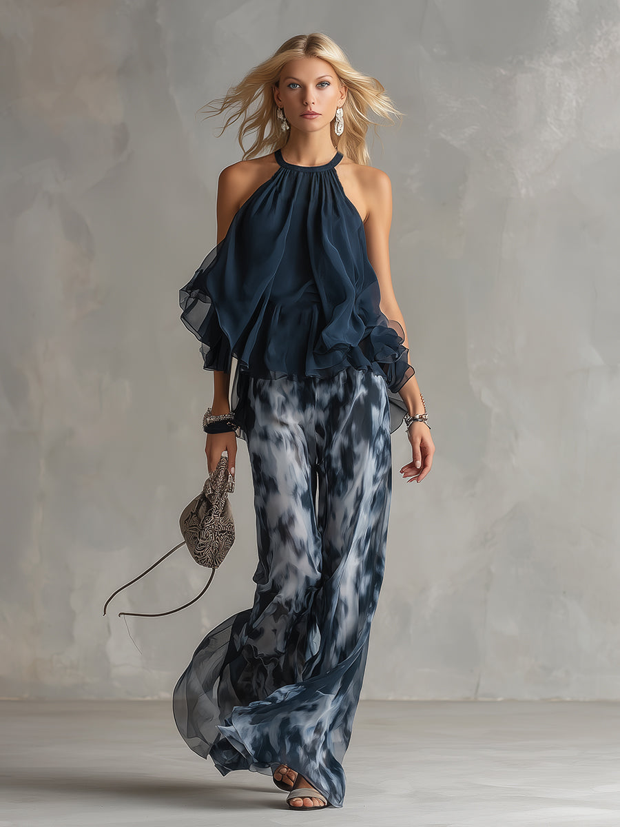Viviana | Damen Neckholder Top mit Weiter Hose Set - Navy - Image 2