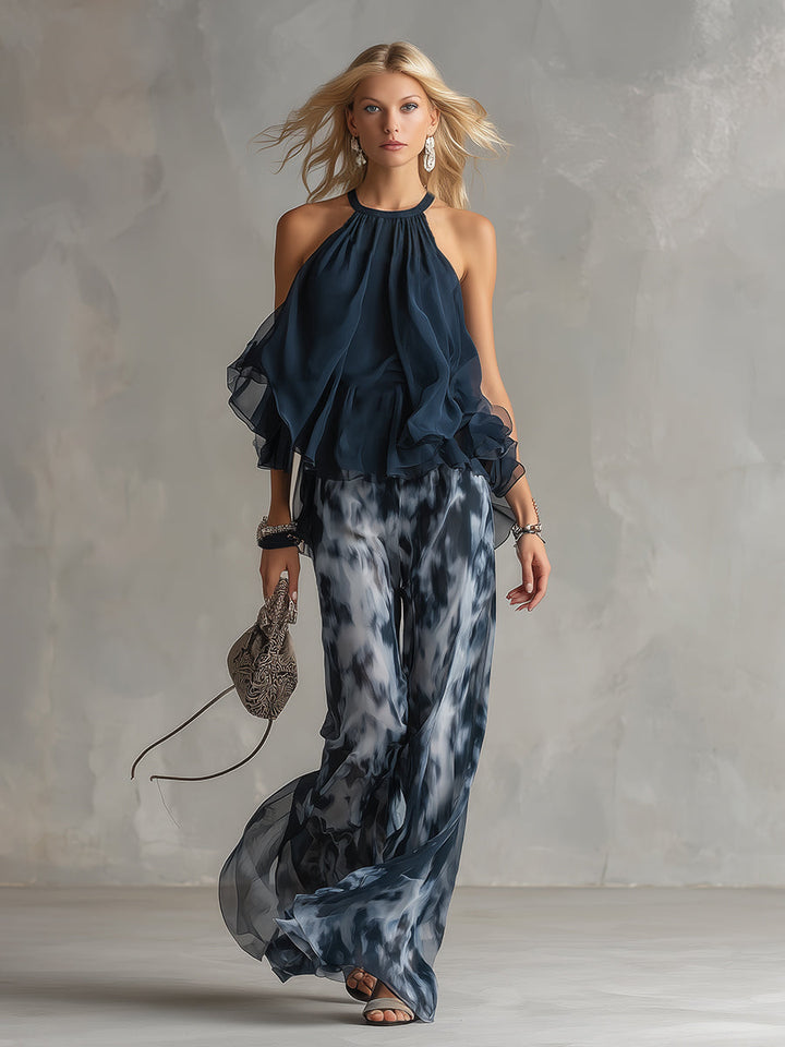 Viviana | Damen Neckholder Top mit Weiter Hose Set - Navy - Image 2