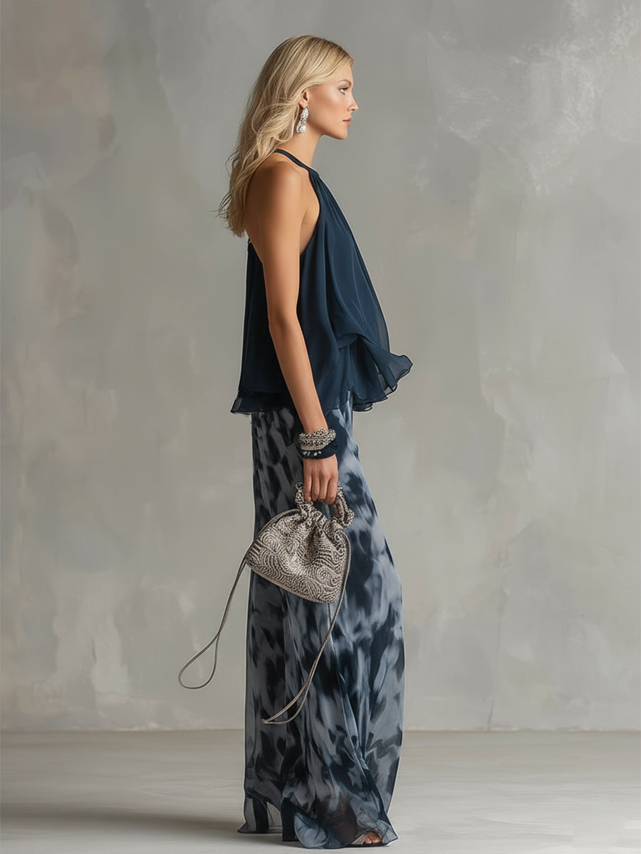Viviana | Damen Neckholder Top mit Weiter Hose Set - Navy - Image 3