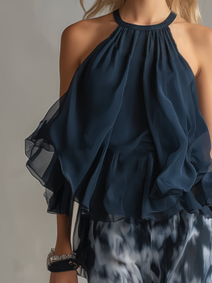 Viviana | Damen Neckholder Top mit Weiter Hose Set - Navy - Image 5