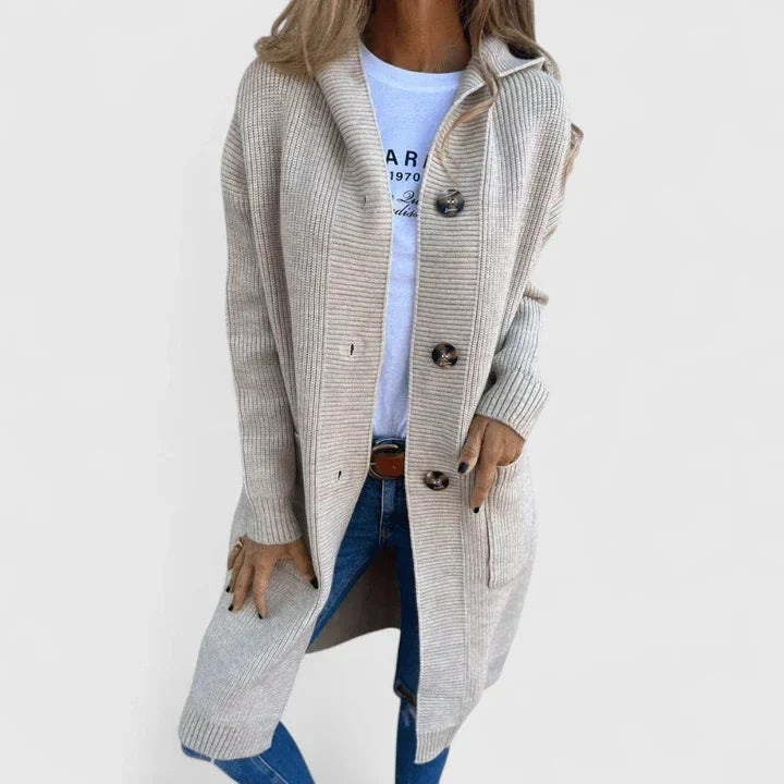 Vrenike | Damen Lange Strickjacke mit Kapuze - Beige - Image 1
