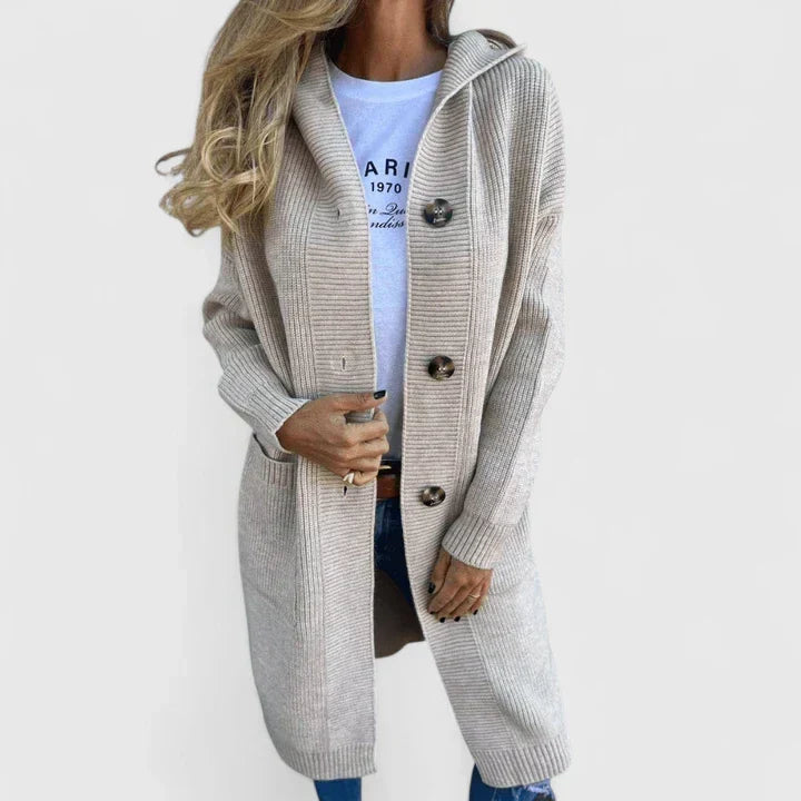 Vrenike | Damen Lange Strickjacke mit Kapuze - Beige - Image 2