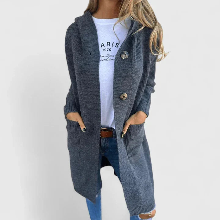 Vrenike | Damen Lange Strickjacke mit Kapuze - Beige - Image 5