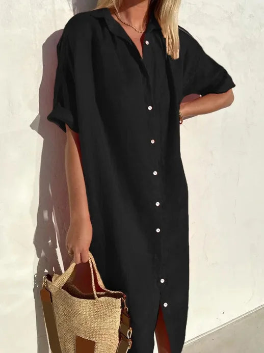 Wanda | Damen Kurzarm Hemdblusenkleid Midi - Black - Image 1