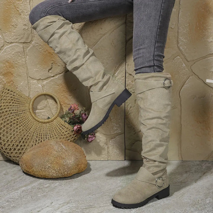 Wencka | Damen Kniehohe Stiefel Overknee-Look - Grey - Image 7