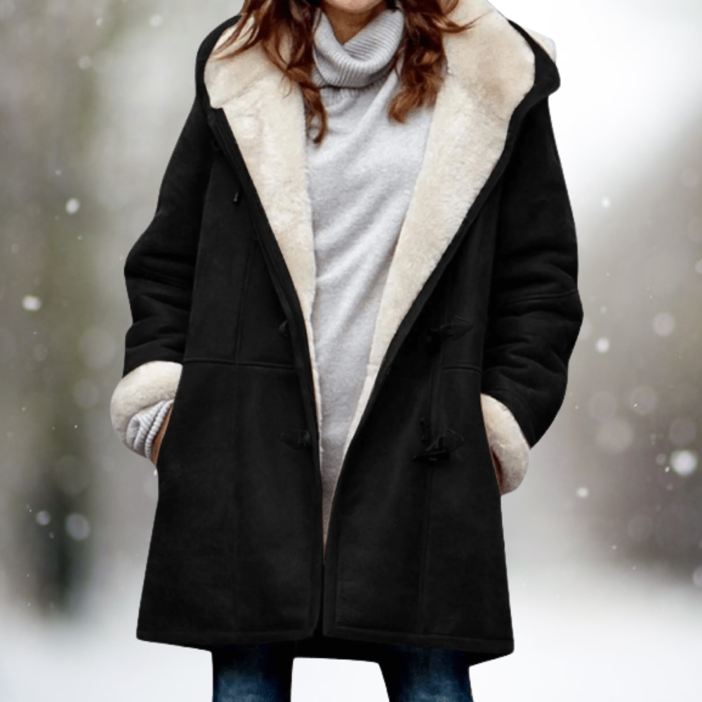 Wencka | Damen Wintermantel mit Kapuze & Fellimitat-Futter - Black - Image 1
