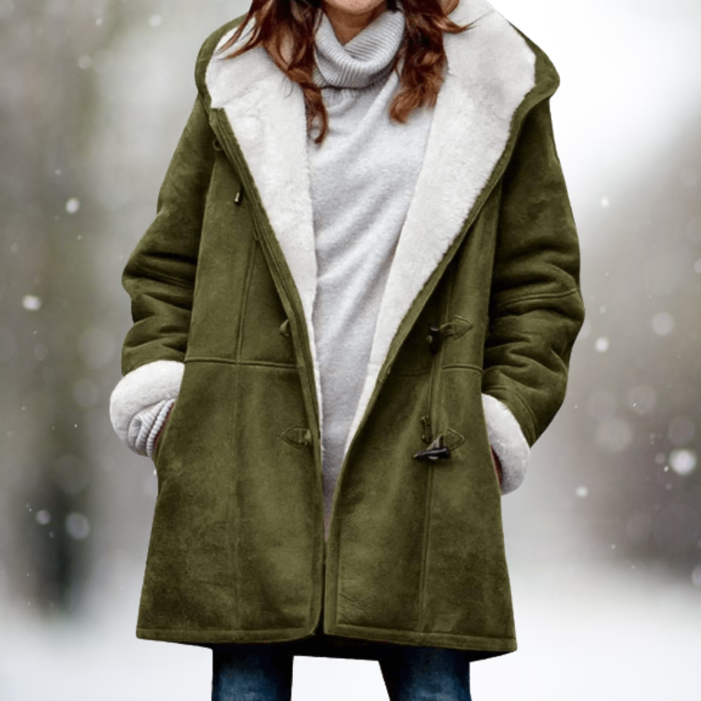 Wencka | Damen Wintermantel mit Kapuze & Fellimitat-Futter - Black - Image 4