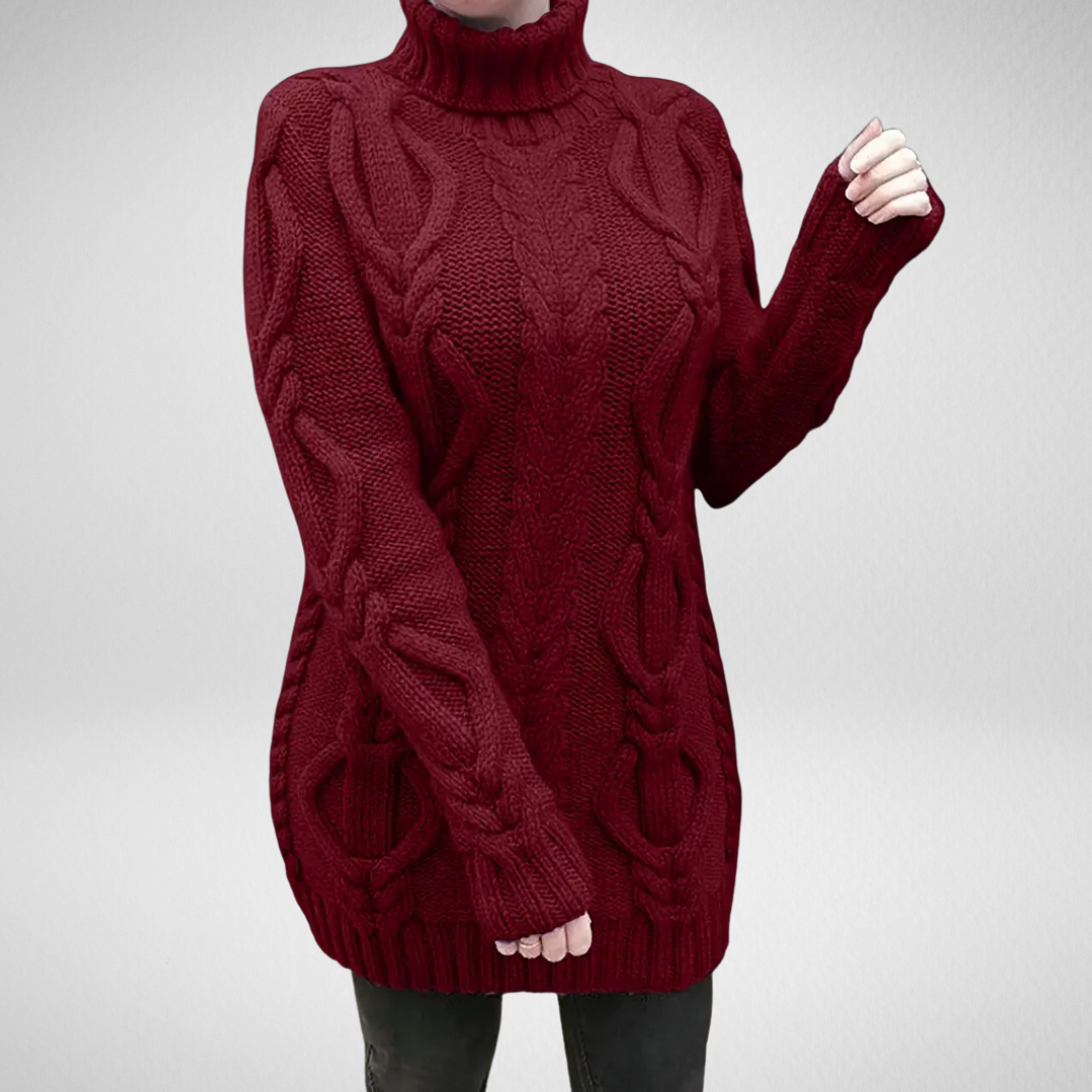 Wendeline | Damen Langer Zopfmuster Rollkragen Strickpullover - Burgundy - Image 1