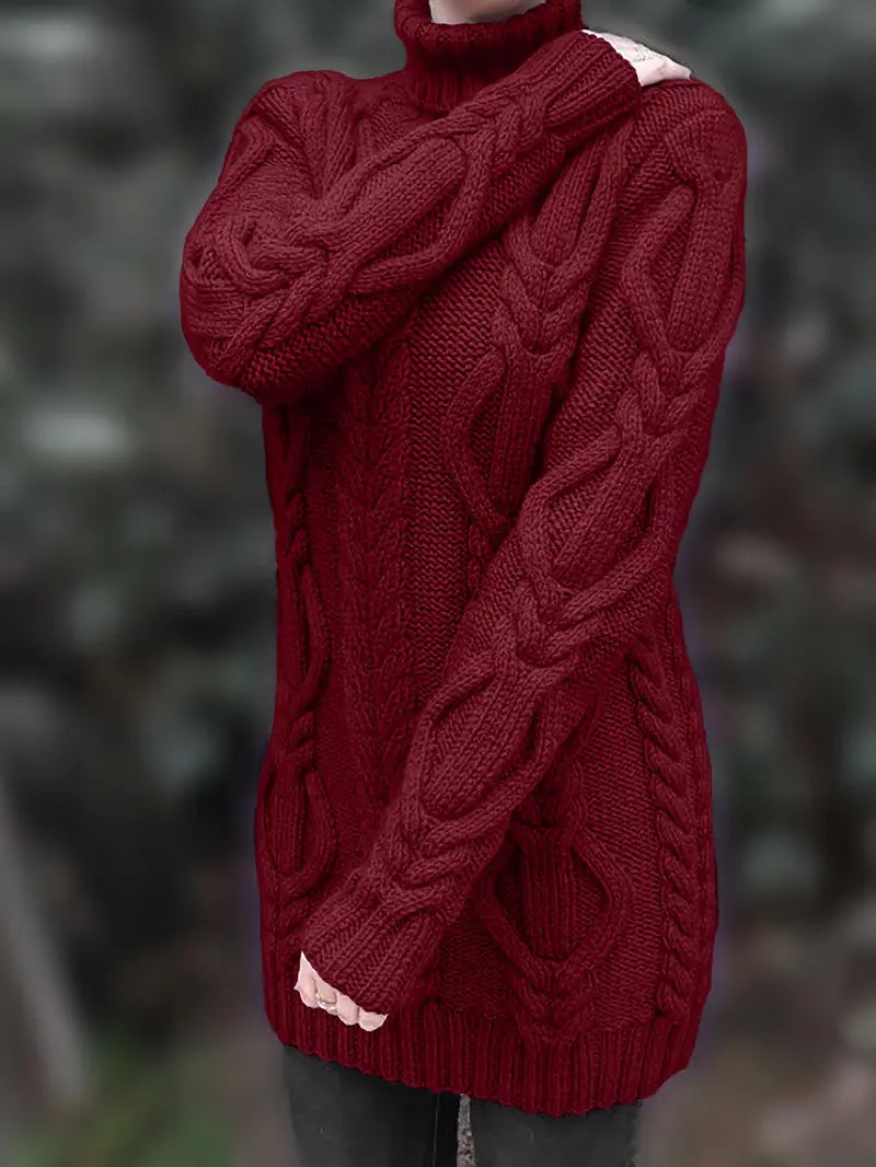 Wendeline | Damen Langer Zopfmuster Rollkragen Strickpullover - Burgundy - Image 10