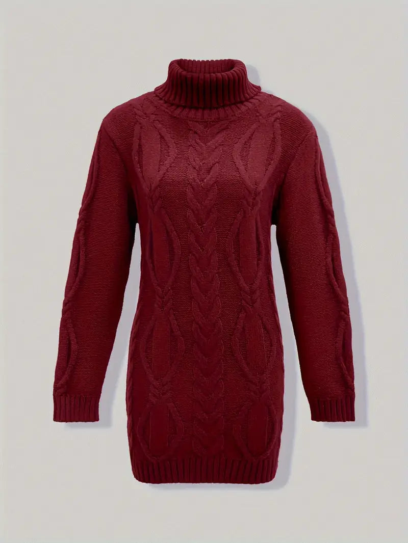 Wendeline | Damen Langer Zopfmuster Rollkragen Strickpullover - Burgundy - Image 12