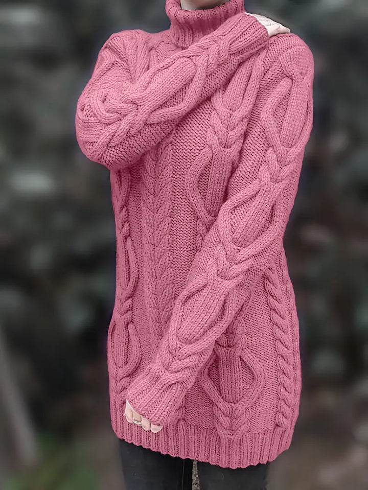 Wendeline | Damen Langer Zopfmuster Rollkragen Strickpullover - Burgundy - Image 16