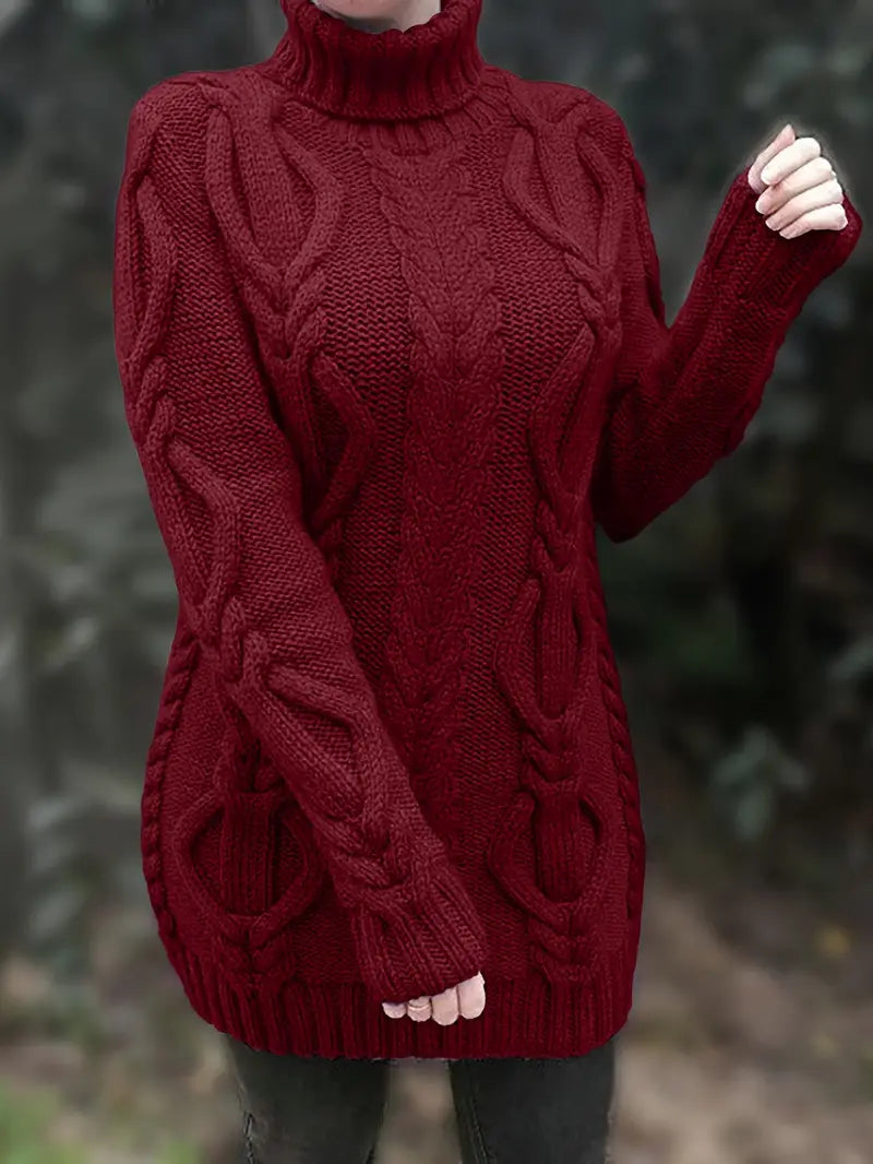 Wendeline | Damen Langer Zopfmuster Rollkragen Strickpullover - Burgundy - Image 2