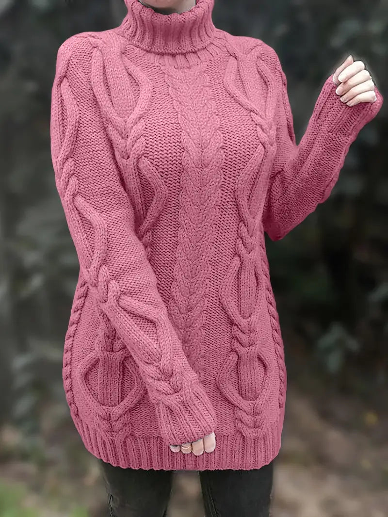 Wendeline | Damen Langer Zopfmuster Rollkragen Strickpullover - Burgundy - Image 3