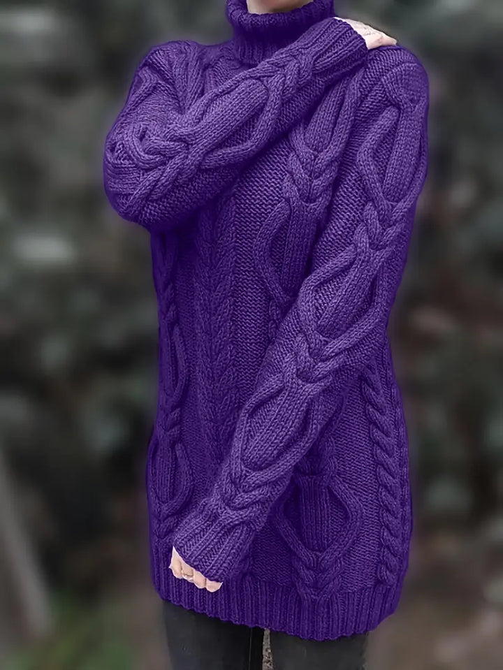 Wendeline | Damen Langer Zopfmuster Rollkragen Strickpullover - Burgundy - Image 38