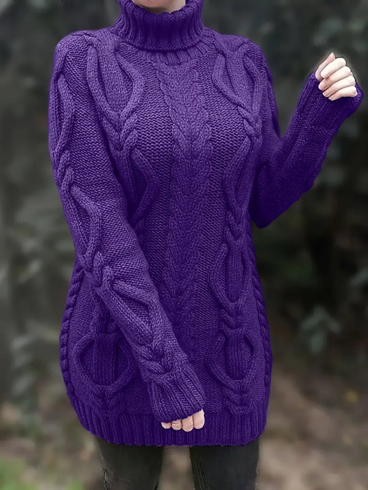 Wendeline | Damen Langer Zopfmuster Rollkragen Strickpullover - Burgundy - Image 9
