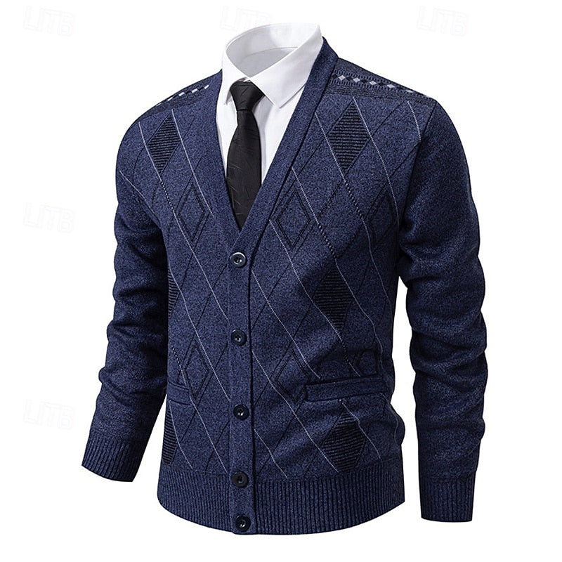 Wendric | Herren Strickjacke Rautenmuster V-Ausschnitt - Navy - Image 1