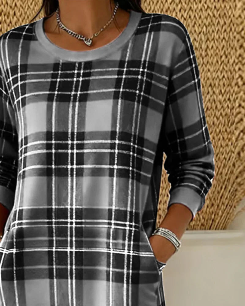 Wibeke | Damen Strickkleid Karo Langarm - Grey - Image 4