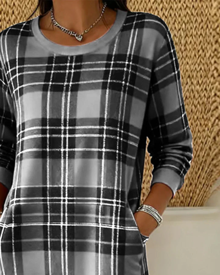 Wibeke | Damen Strickkleid Karo Langarm - Grey - Image 4