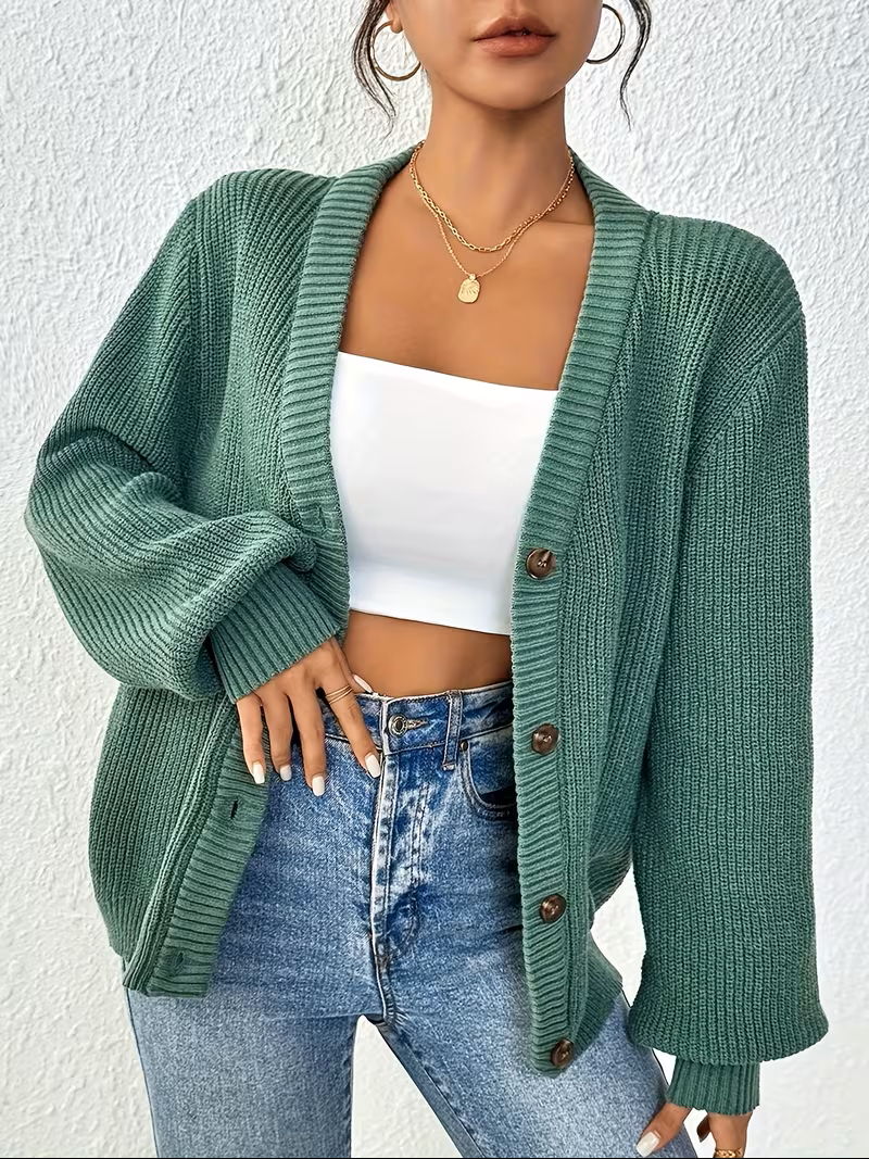 Wibela | Damen Oversize Strickjacke mit Knöpfen - Teal - Image 1