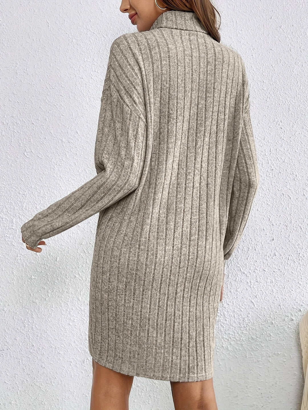 Wiberna | Damen Strickkleid Geripptes Langarmkleid - Taupe - Image 3