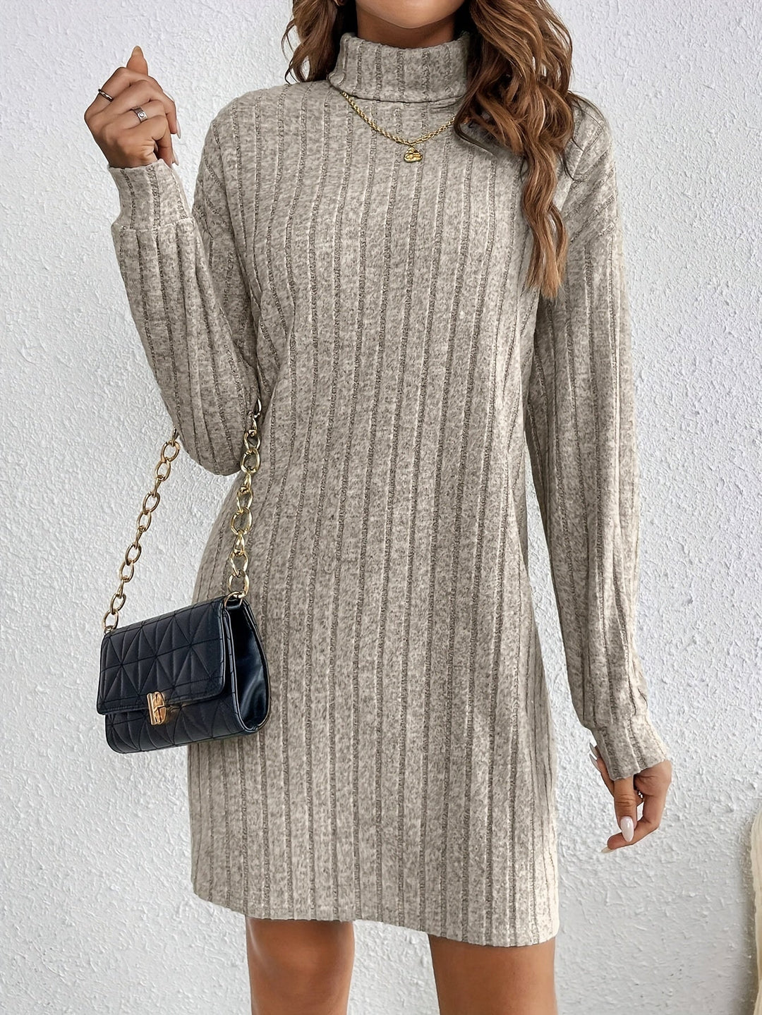Wiberna | Damen Strickkleid Geripptes Langarmkleid - Taupe - Image 5