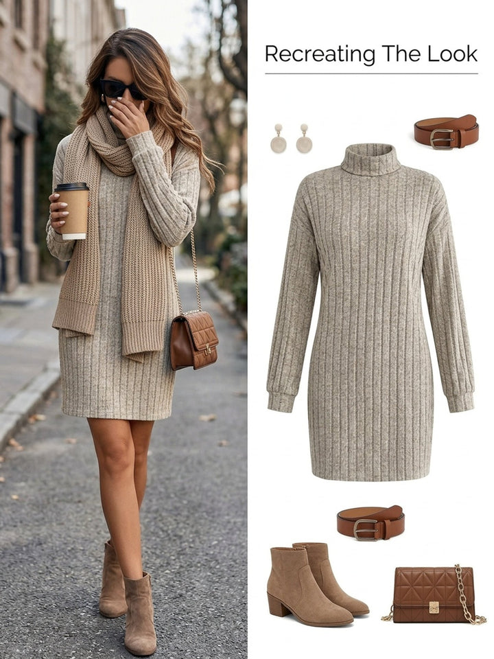 Wiberna | Damen Strickkleid Geripptes Langarmkleid - Taupe - Image 7
