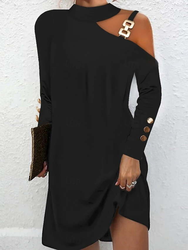 Wiberna | Damen Strickkleid schulterfreies Langarmkleid - Black - Image 1
