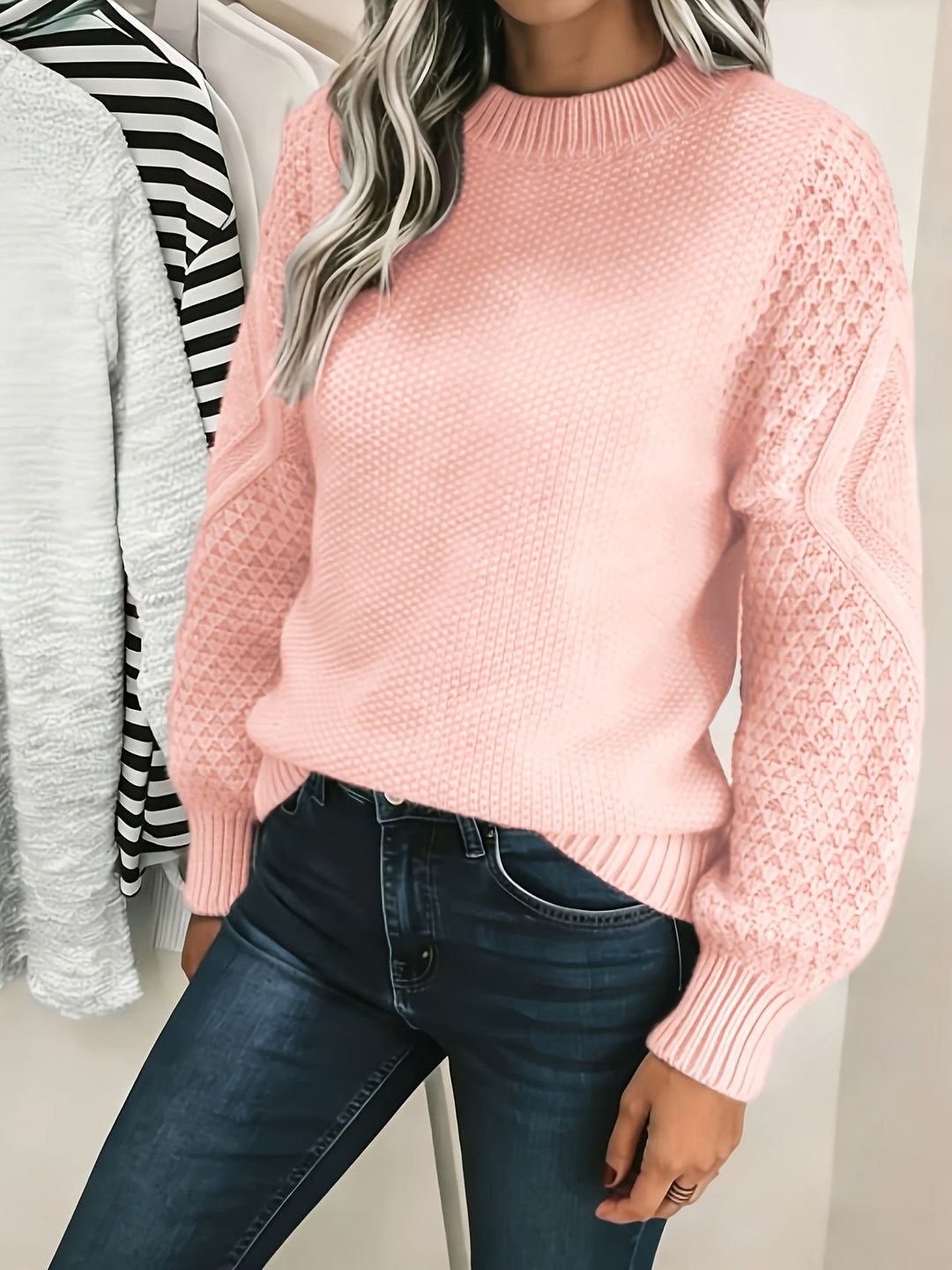 Wibrun | Damen Oversize Strickpullover Herbst Winter - Light Pink - Image 5
