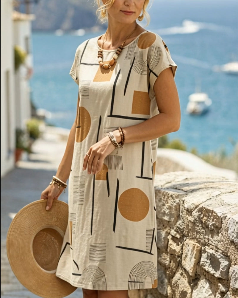 Wilda | Damen Geometrisches Muster Kurzarm Minikleid - Cream - Image 2