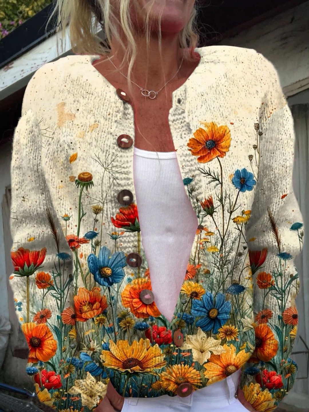 Wiltje | Damen Blumenmuster Strickjacke mit Knöpfen - Cream - Image 1