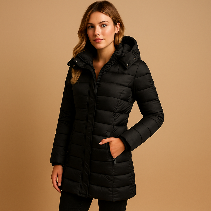Wiltrud | Damen Steppjacke Mittellang mit Kapuze - Black - Image 1
