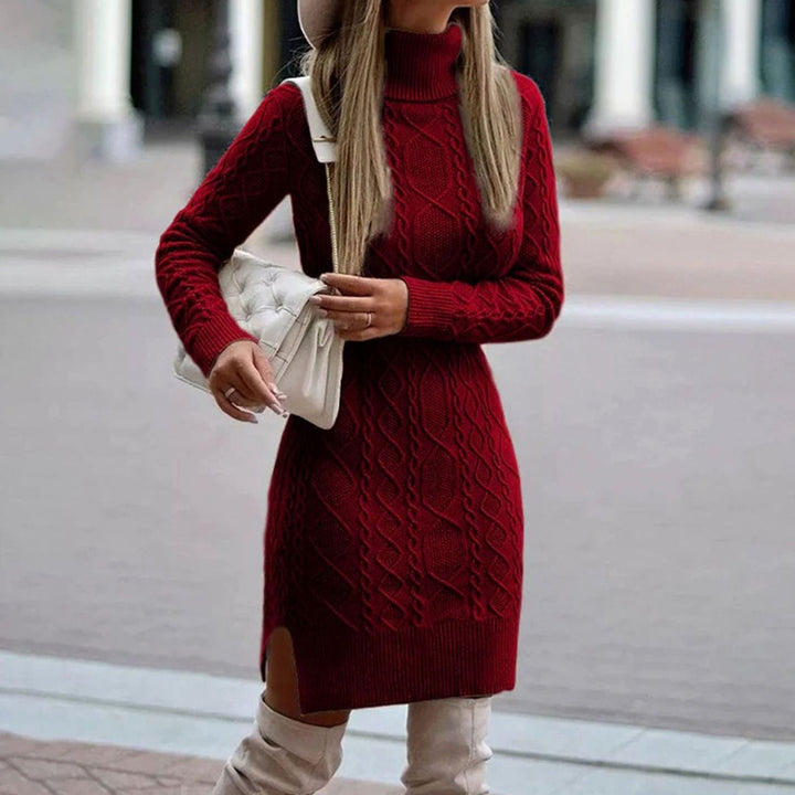 Wiltrud | Damen Strickkleid Rollkragen Langarm Zopfmuster - Red - Image 1