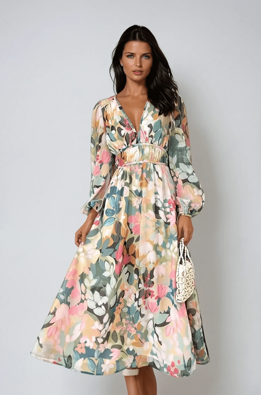 Mae | Damen Maxikleid Blumenmuster V-Ausschnitt Puffärmel