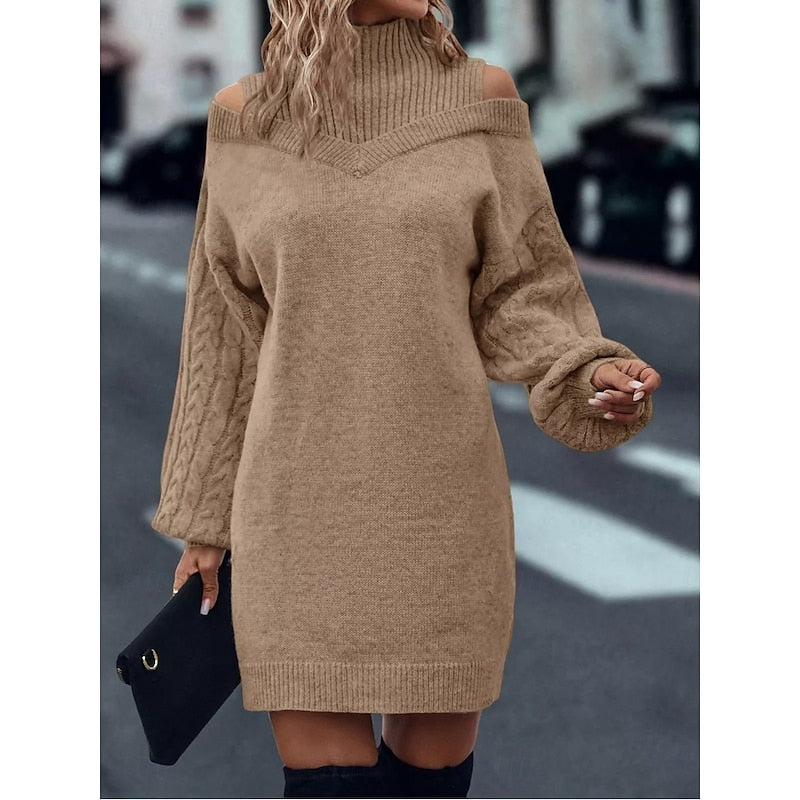 Wulfheda | Damen Strickkleid Rollkragen Cold-Shoulder - Camel - Image 1