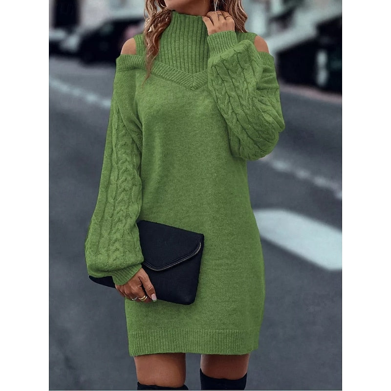Wulfheda | Damen Strickkleid Rollkragen Cold-Shoulder - Camel - Image 11