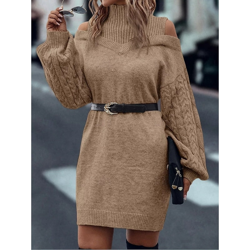 Wulfheda | Damen Strickkleid Rollkragen Cold-Shoulder - Camel - Image 2