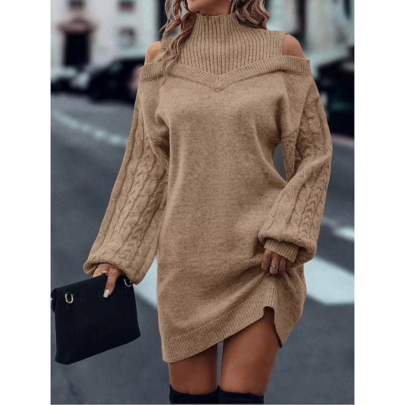 Wulfheda | Damen Strickkleid Rollkragen Cold-Shoulder - Camel - Image 3