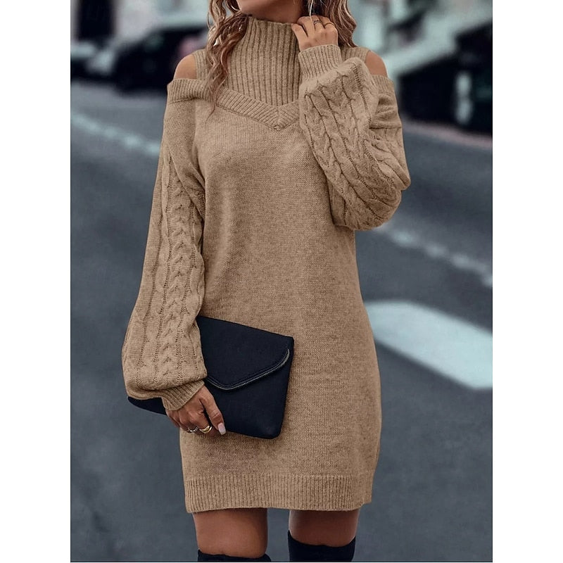 Wulfheda | Damen Strickkleid Rollkragen Cold-Shoulder - Camel - Image 4