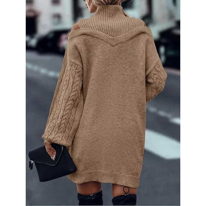Wulfheda | Damen Strickkleid Rollkragen Cold-Shoulder - Camel - Image 5