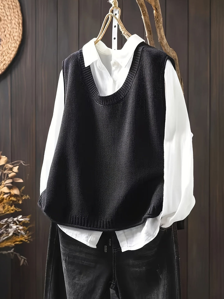 Wulfhilde | Damen Strickweste Rundhals Oversized - Black - Image 1