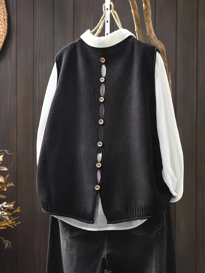 Wulfhilde | Damen Strickweste Rundhals Oversized - Black - Image 2