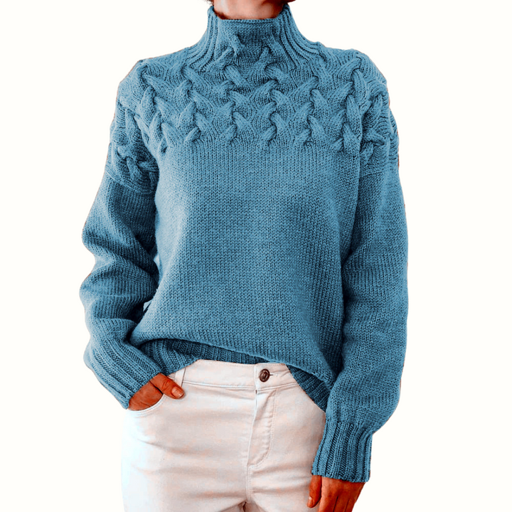 Wulfrun | Damen Strickpullover Rollkragen Zopfmuster - Blue - Image 1