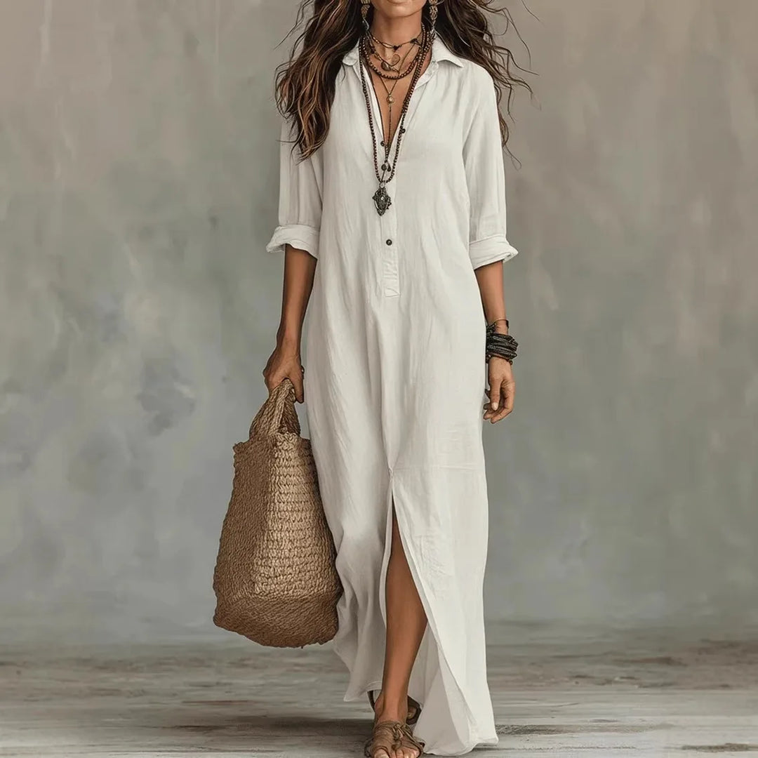 Xandra | Damen Weißes Maxi Hemdblusenkleid - White - Image 1